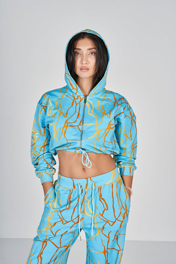Marble Crop Hoodie - Blue